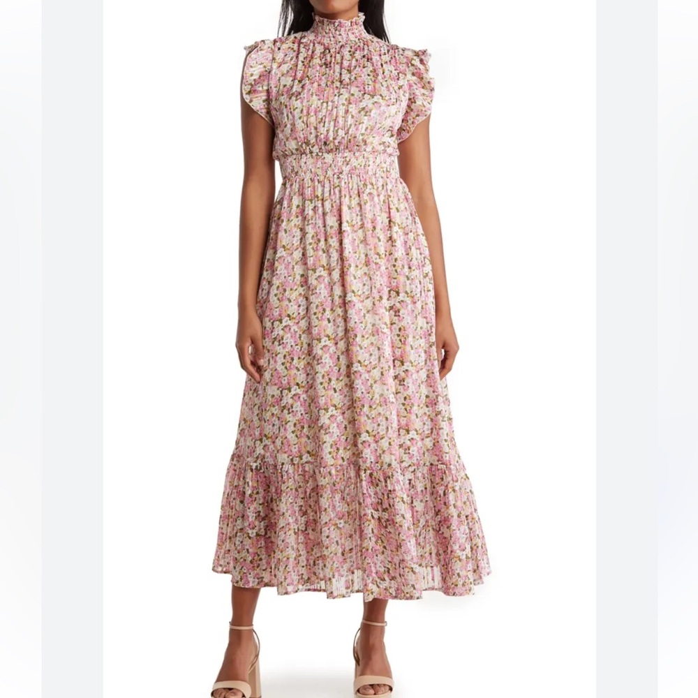 Melloday Smocked Mock Neck Tiered Pink Floral Maxi Dress - NWT, size XL